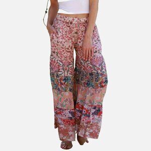 Nwt SACRED THREADS floral boho hippie rayon wide leg tiered PANTS L